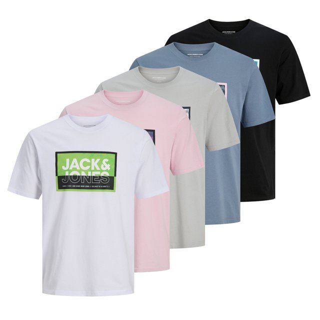JACK&JONES Camisetas de hombre, pack de 5 - JCOLOGAN SUMMER PRINT, cuello redondo, algodón Rosa/Blanco/Negro 2XL (XX-Large)