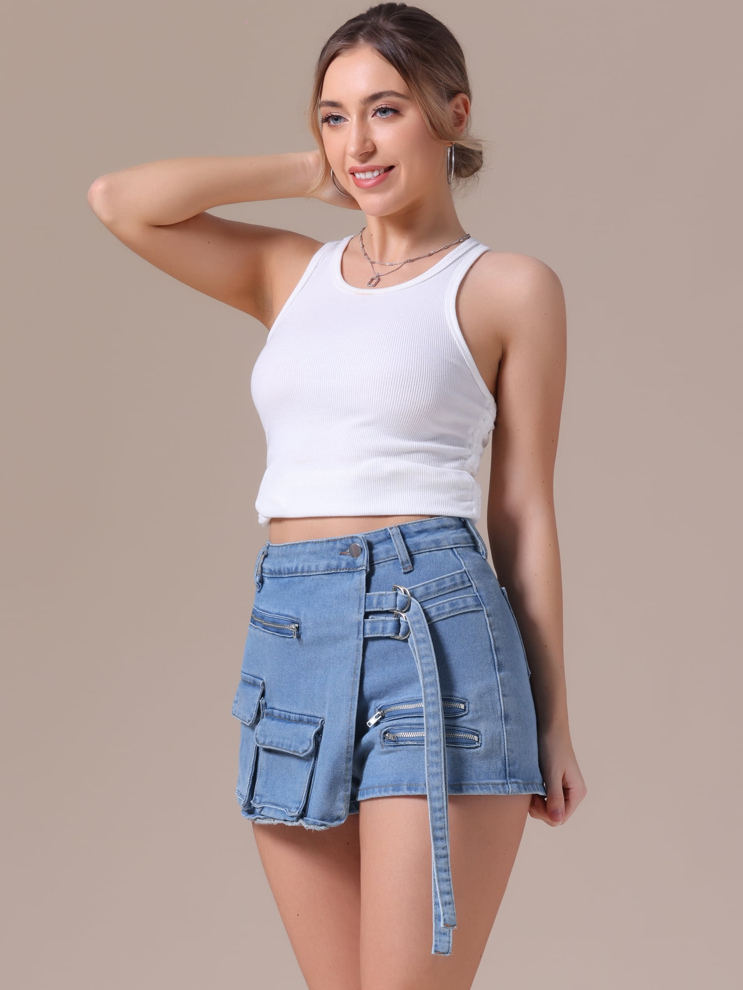 DARING DIVA Women's High Waist Western Asymmetrical Denim Cargo Skirt Shorts M Blue Grey