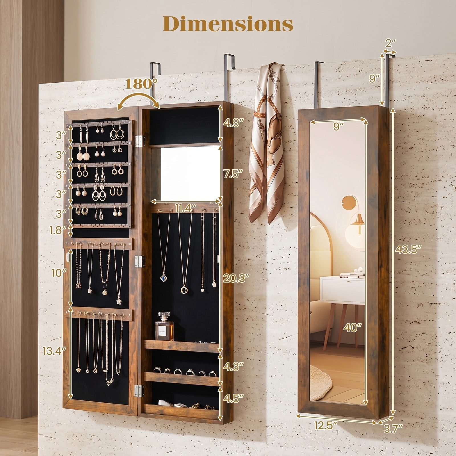 Furnibear Wall and Door Mounted Jewelry Cabinet with Full-Length Mirror, Ring Slots, and Necklace Hooks for Bedroom, Rustic Brown