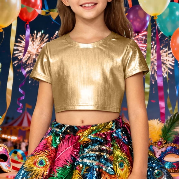 Adeawade Girl Carnival Tops Short Sleeve Unisex Striped T Shirt With Allover Sequins Reflective Loose Fit Dance Top For Kids Adults Round Neck Tee Trend Clothes 11-12 Years Gold