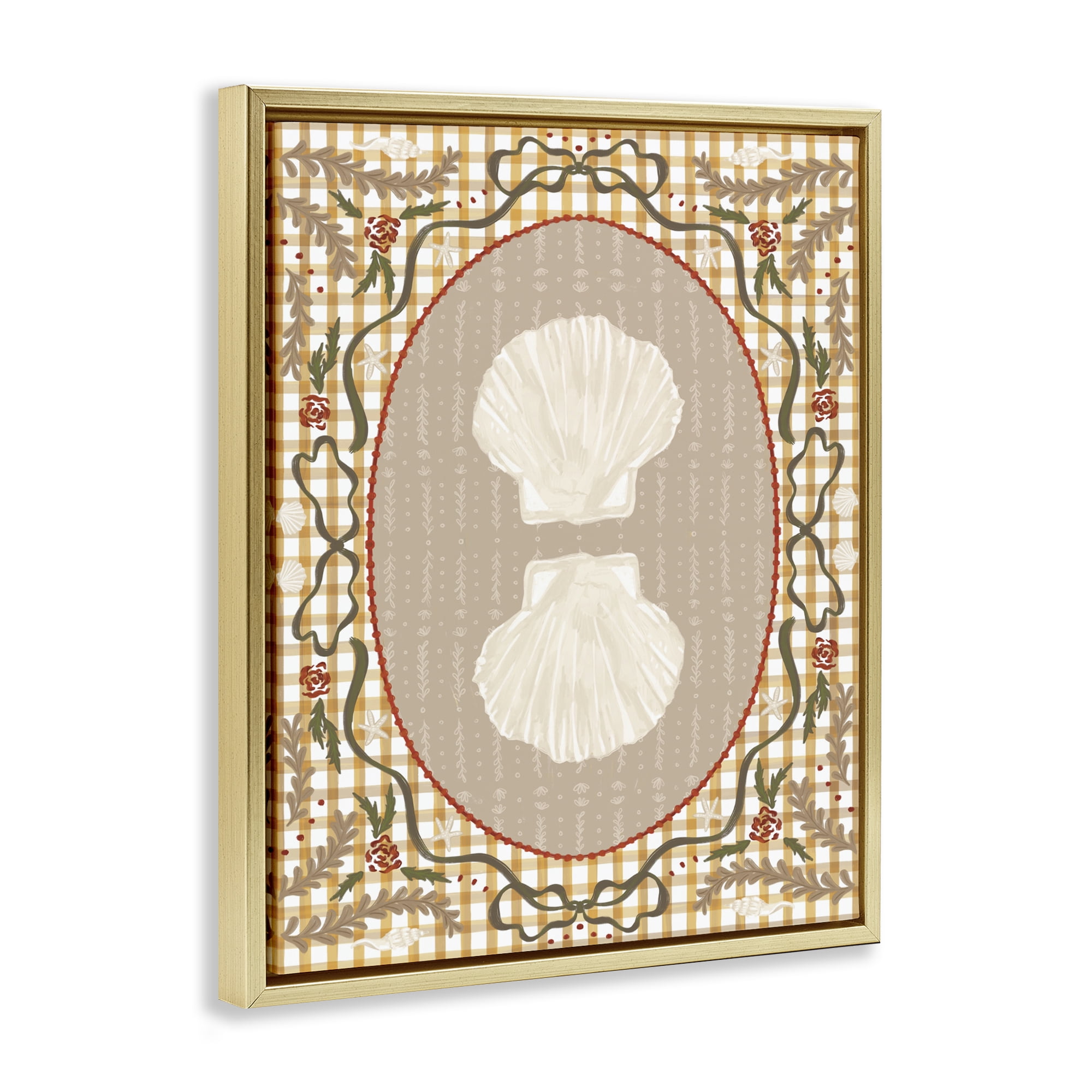 Stupell Industries Vintage Shells on Gingham Gold Framed Floater Canvas Wall Art, design by Vero Illustrates