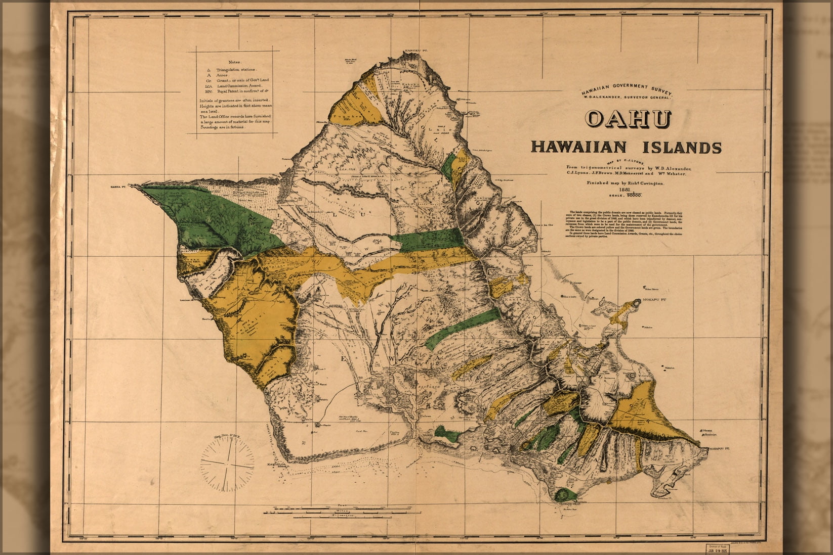 24"x36" Gallery Poster, map of Oahu, Hawaii 1881