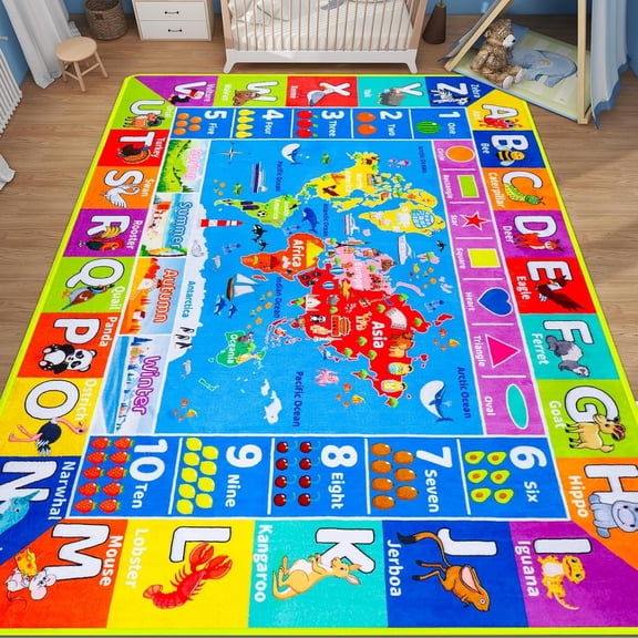 World Map ABC Kid Rug for Playroom Geography 59"×39.4" Classroom Play Rug Educational Baby Playmat Alphabet Carpet Primary School Fluffy Ployester Non-Slip Preschool Mat Nursery Room Learning