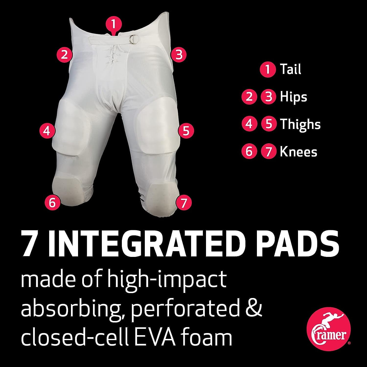 Cramer Football Game Pants, 7 Pads with Hip, Tailbone, Thigh, and Knee Pads, Youth Football Gear, High-Rise Hip Padding for Iliac Crest Protection, Designed for High-Impact, Black, Youth 2X-Large
