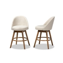 Set of 2 Baxton Studio Carra Mid-Century Modern Light Beige Fabric Upholstered Walnut-Finished Wood Swivel Counter Stool Set