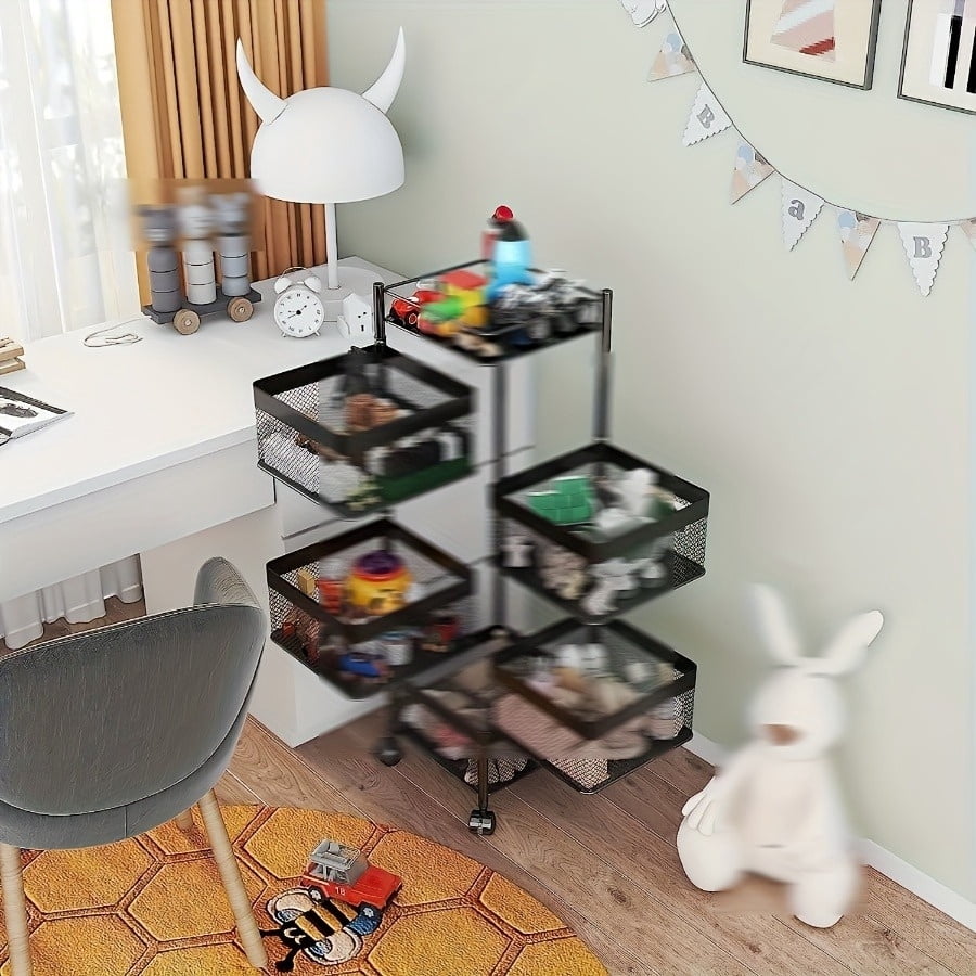 5 Tier Rotating Kitchen Storage Shelf, Metal Fruit Vegetable Storage Basket Multi-Layer Vegetable Rack Storage Trolley on Wheels, Floor-Standing Basket for Kitchen Bathroom, Square