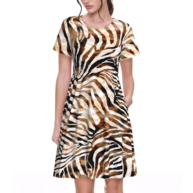 Disketp Watercolor Zebra para Vestido de Manga Corta para Mujeres, Vestidos de Verano para Mujeres, Casual y Holgado para la Playa