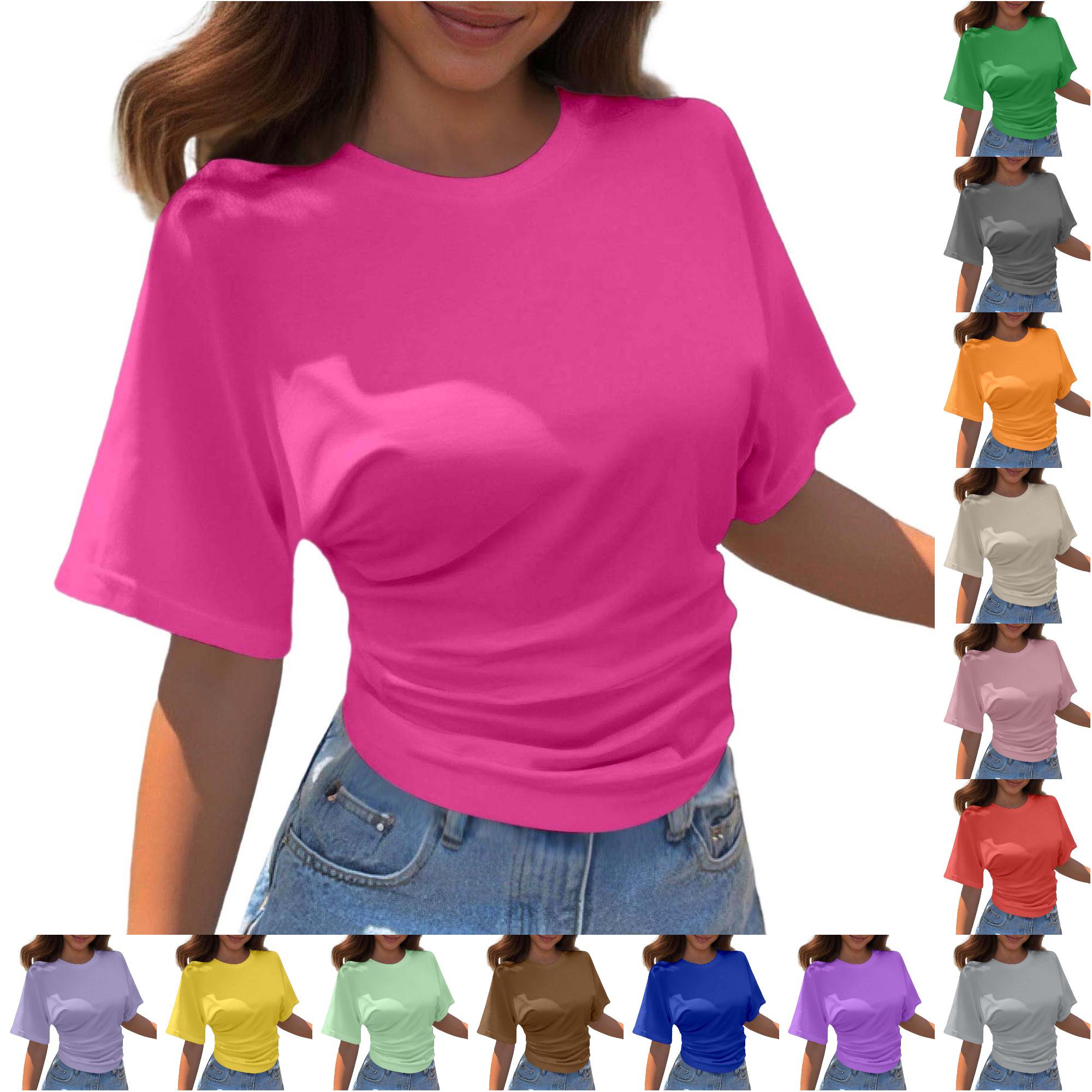 Korean Style Casual Short Sleeve T Shirt Loose Fit Color Round Neck Summer Basic Top Comfortable Daily Wear Casual Short Sleeve Tops for Women M