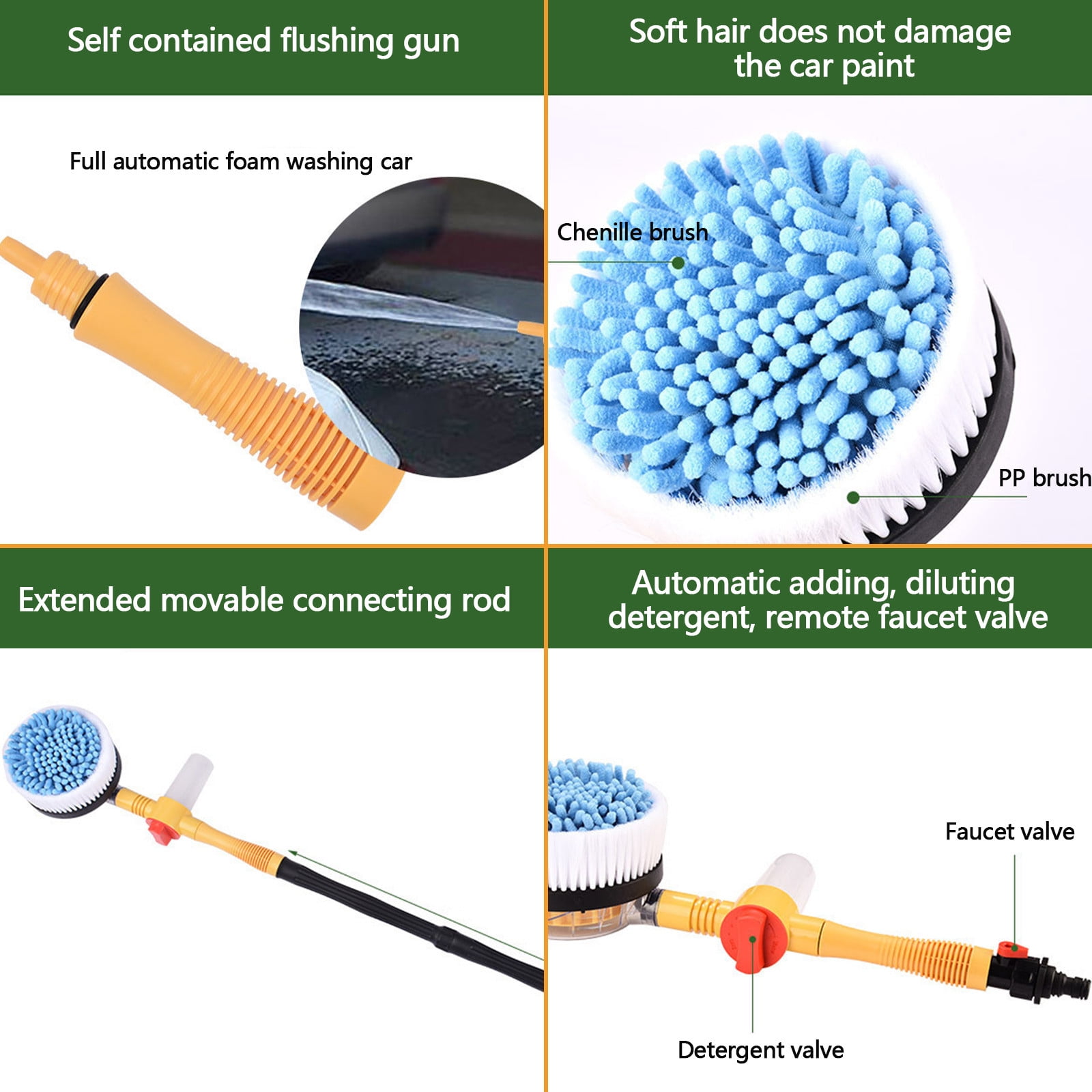 Ihvewuo Car Wash Brush Kit 360° Spin Car Mop Detailing Brush with Foam Bottle and Long Handle Hose Shower Brush Scratch Free High Pressure Scrub