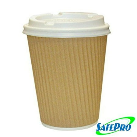 SafePro 12 oz Kraft Ripple Paper Hot Coffee Cups and Tea Cups 12 ounces with Cappuccino Lids (Case of 100)