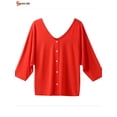 thumbnail image 4 of Spencer Women's 3/4 Sleeve Loose Blouse V Neck Back Buttons T Shirts Casual Solid Tops for Summer Fall Plus Size "Orange,M", 4 of 7