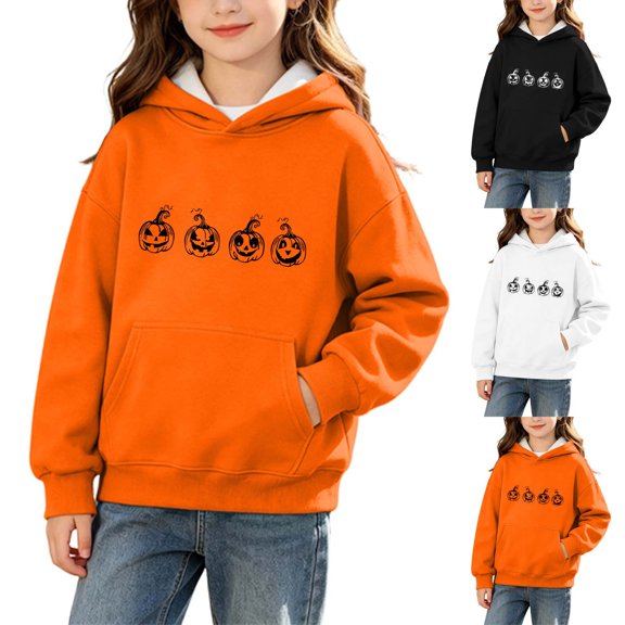 HAOTAGS Girls Halloween Long Sleeve Hoodie Size 8-10, Printed Casual Pullover Sweatshirt with Pocket Orange