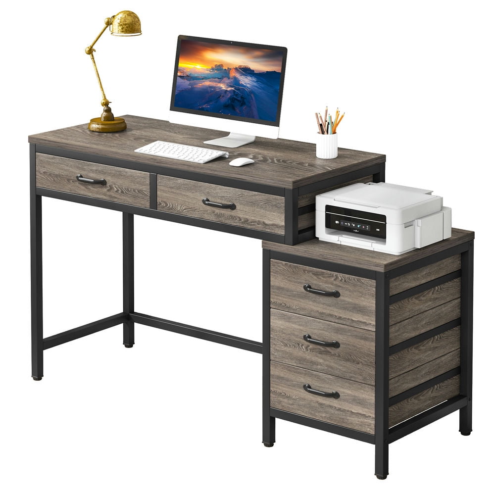 Spaco 5-Drawer Computer Desk, Study Writing Table with Reversible Drawer Cabinet, Desk for Indoor as Home, Office, Gray