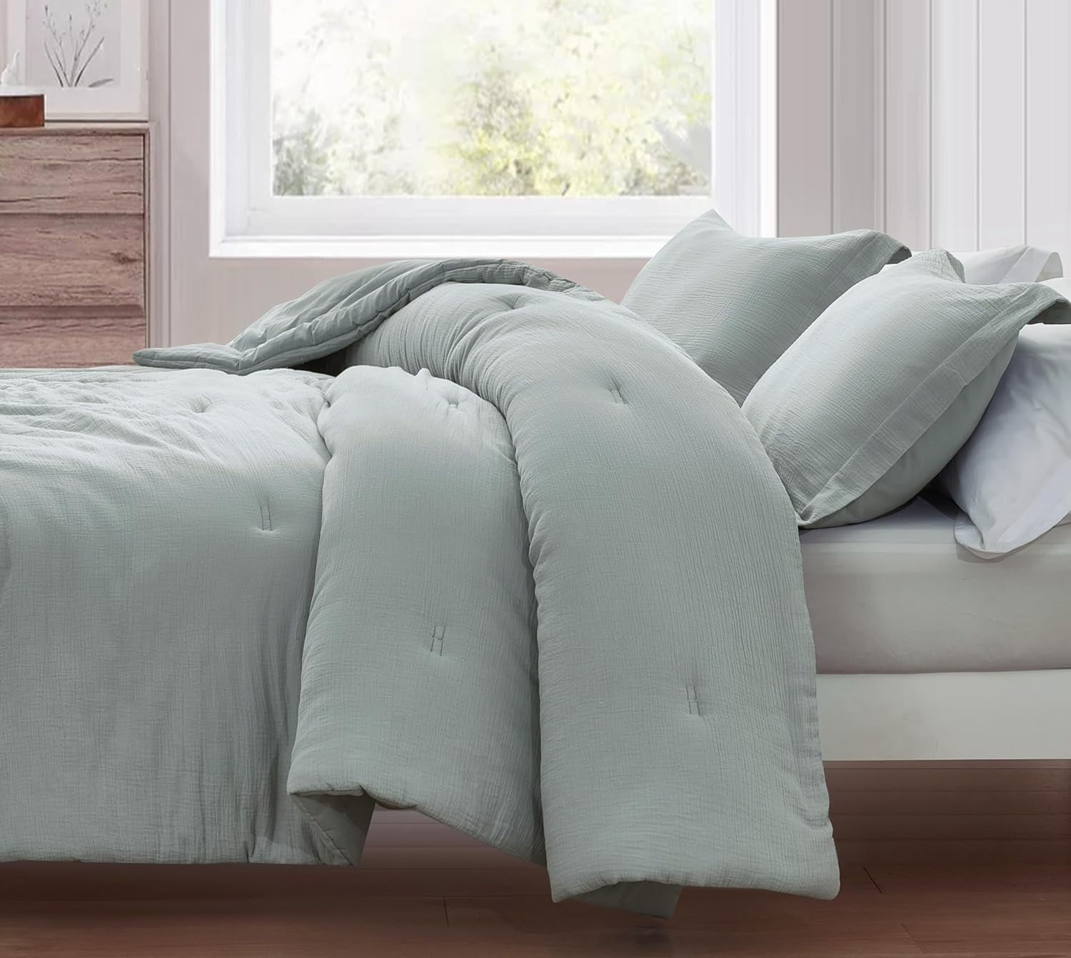Chezmoi Collection Breeze 3-Piece 100% Cotton Muslin King Comforter Set, Light Blue-Gray Soft Washed Cotton Gauze Comforter, Lightweight Breathable Bedding for All Season