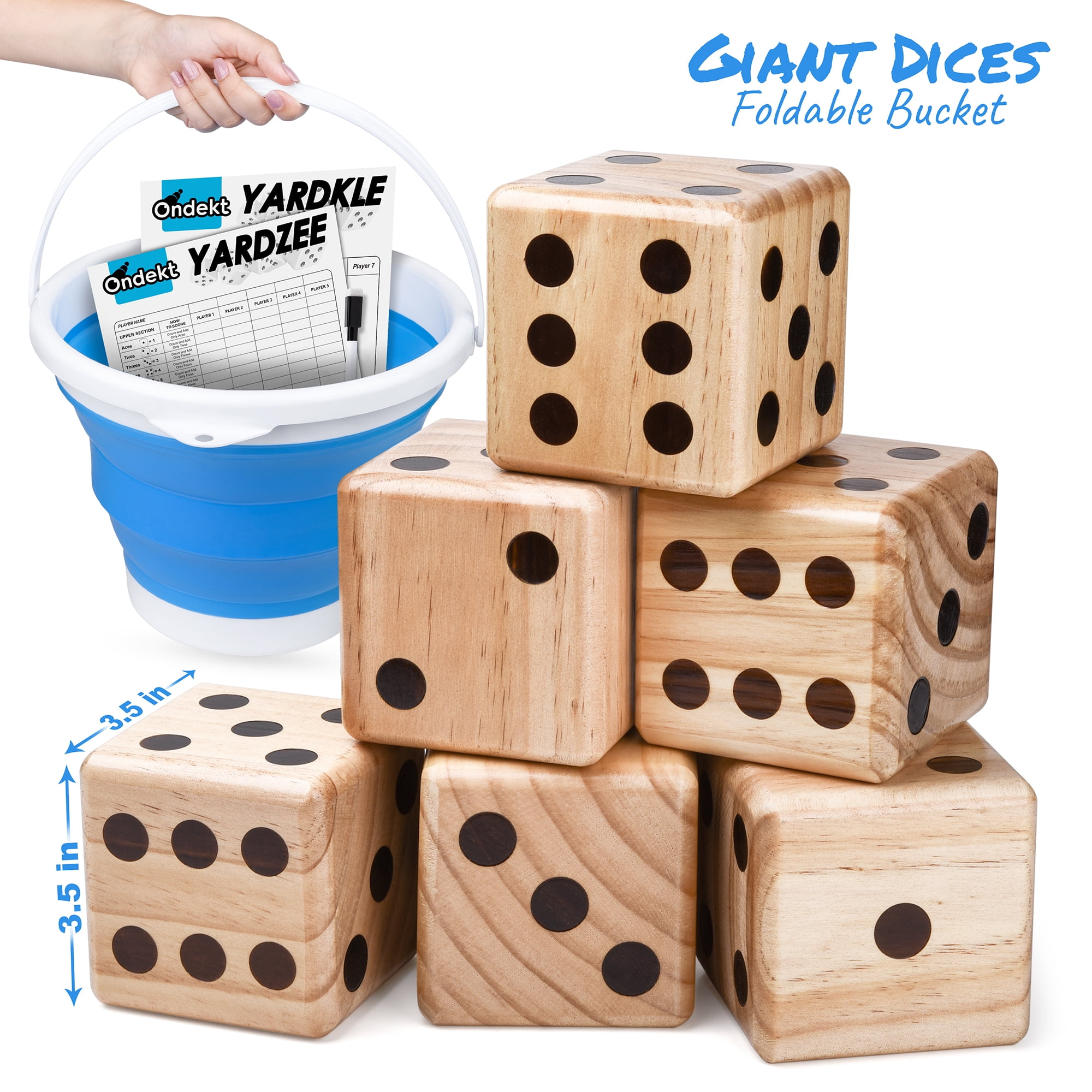Giant Wooden Yard Dice with Collapsible Bucket, 2 Dry Erase Score Cards
