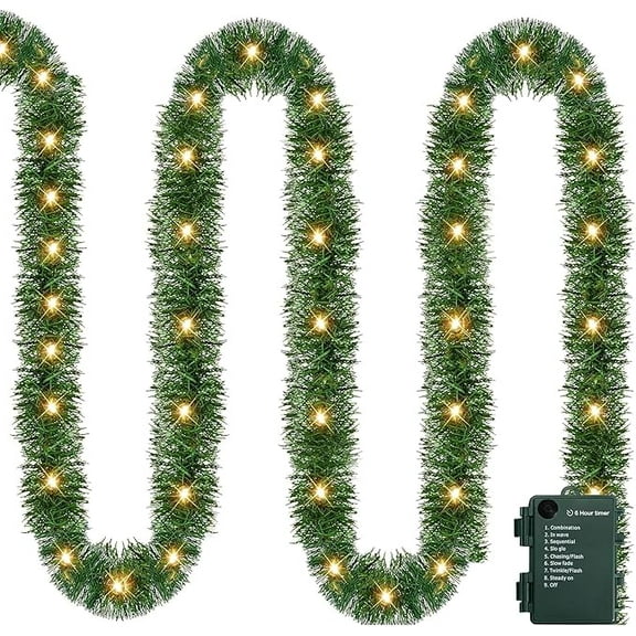 XJGHHSY Christmas Garland Decoration, 15 FT Prelit Artificial Christmas Garland with 50 LED String Lights, Battery Operated Lighted Decor for Home Wedding Fireplace Party Ornament,Green