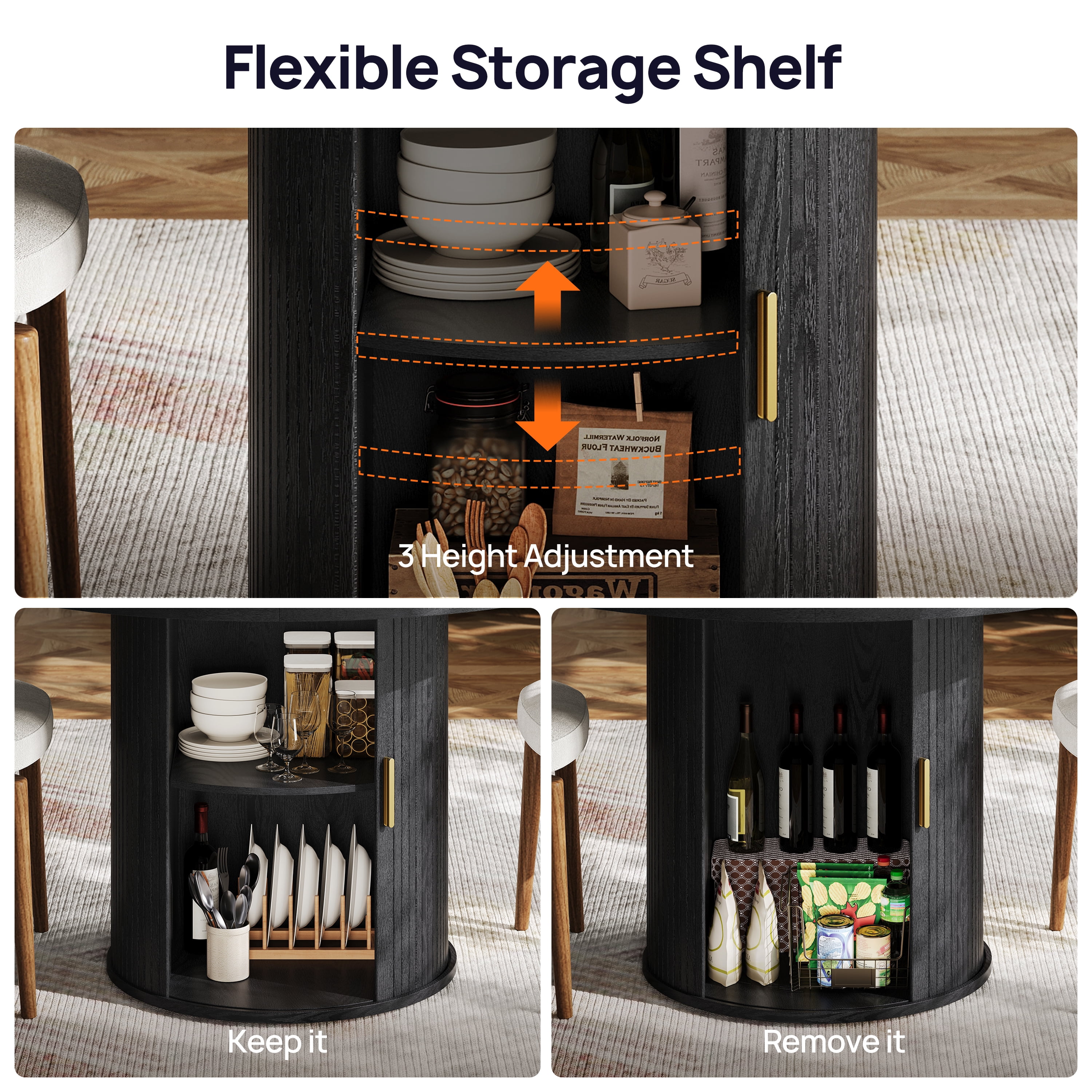 CHIC HOUSE 47" Round Dining Table with Storage Shelf, Farmhouse Fluted Kitchen Table with Removable Lazy Susan & Sliding Doors for Dining Room, Black