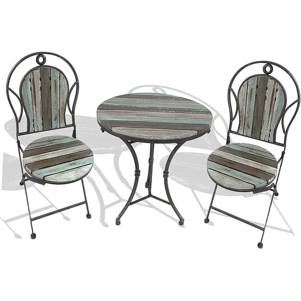 Backyard Expressions Farmhouse Bistro Set 3 Pc Outdoor Table And Chairs Rustic Look In Cream Teal Com Backyard Expressions Farmhouse Bistro, Outdoor Furniture Rustic Style
