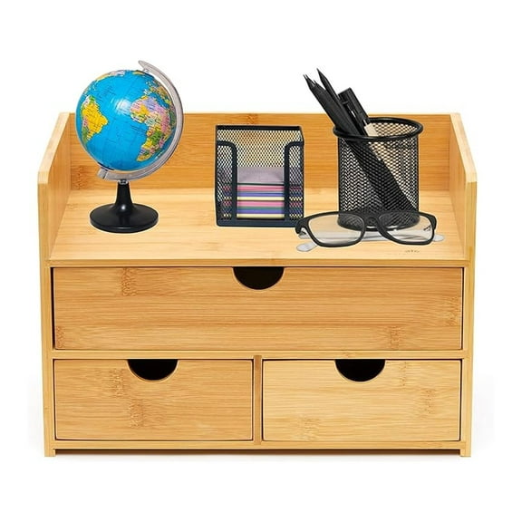 Bamboo Desktop Organizer 3 Tier - Natural Wood Office & Home Storage - Document, Supplies, Accessories - No Assembly Required - Table Top Organizer