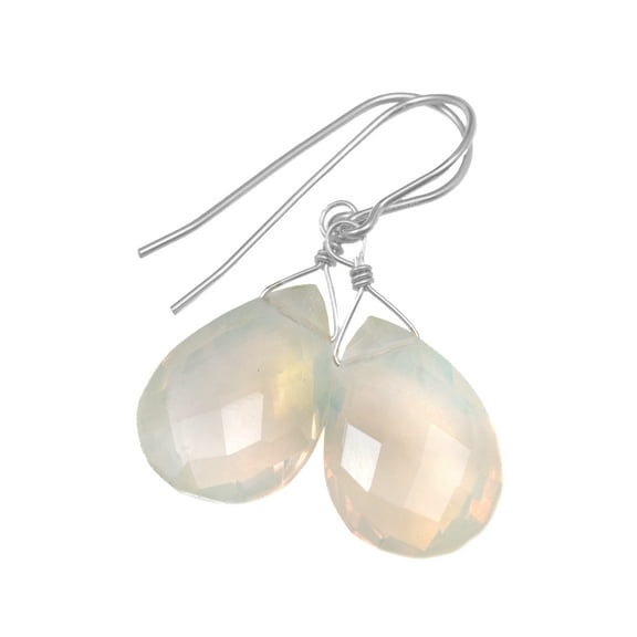 Sterling Silver Opalite Earrings Simulated Opal Large Faceted Rounded Tear Drop Creamy White Iridescent Designed for Adult Women