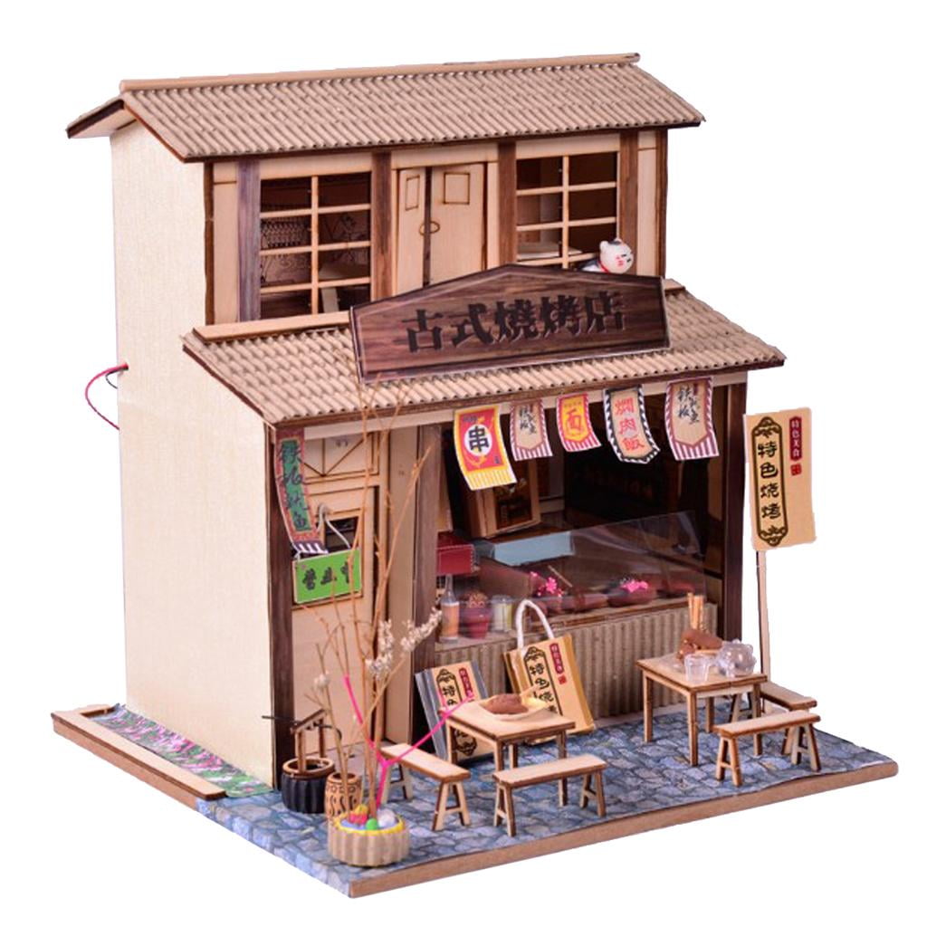 1/24 DIY Wooden Dollhouse Miniature Kits Antique BBQ Restaurant with Foods 