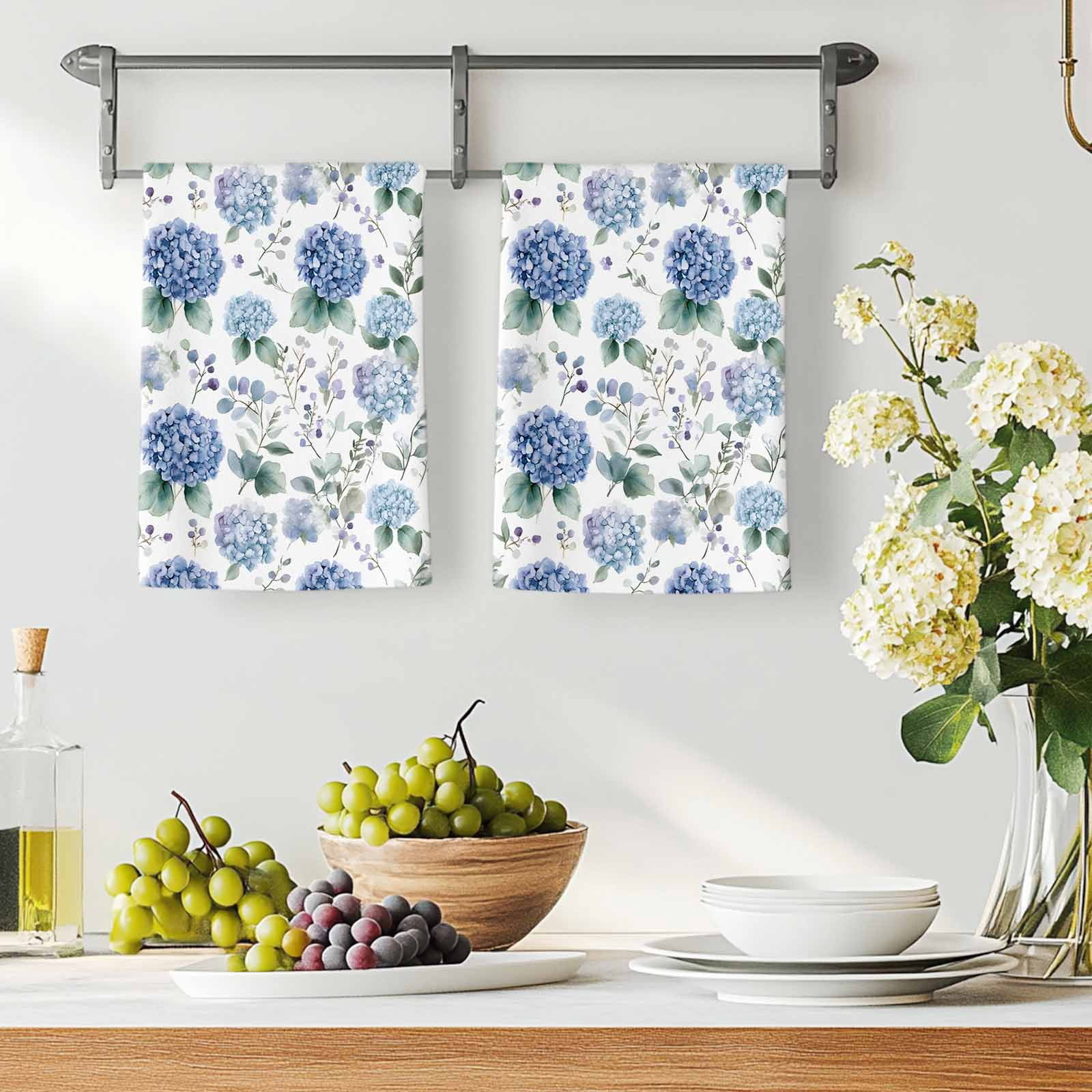Blue Spring Floral Kitchen Towels Set of 2, Watercolor Botanical Elegant Soft Microfiber Dish Towels, Absorbent Quick-Dry Washable Dishcloths for Kitchen Cleaning, Drying Dishes, 18x28 Inches