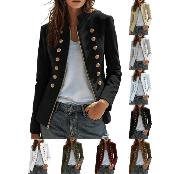 Liuinsasek Women's Fall Trendy Jacket Casual Solid Color Stand Up Collar Full Zipper Long Sleeve Napoleon Jacket with Lining, Pocket and Shoulder Pads
