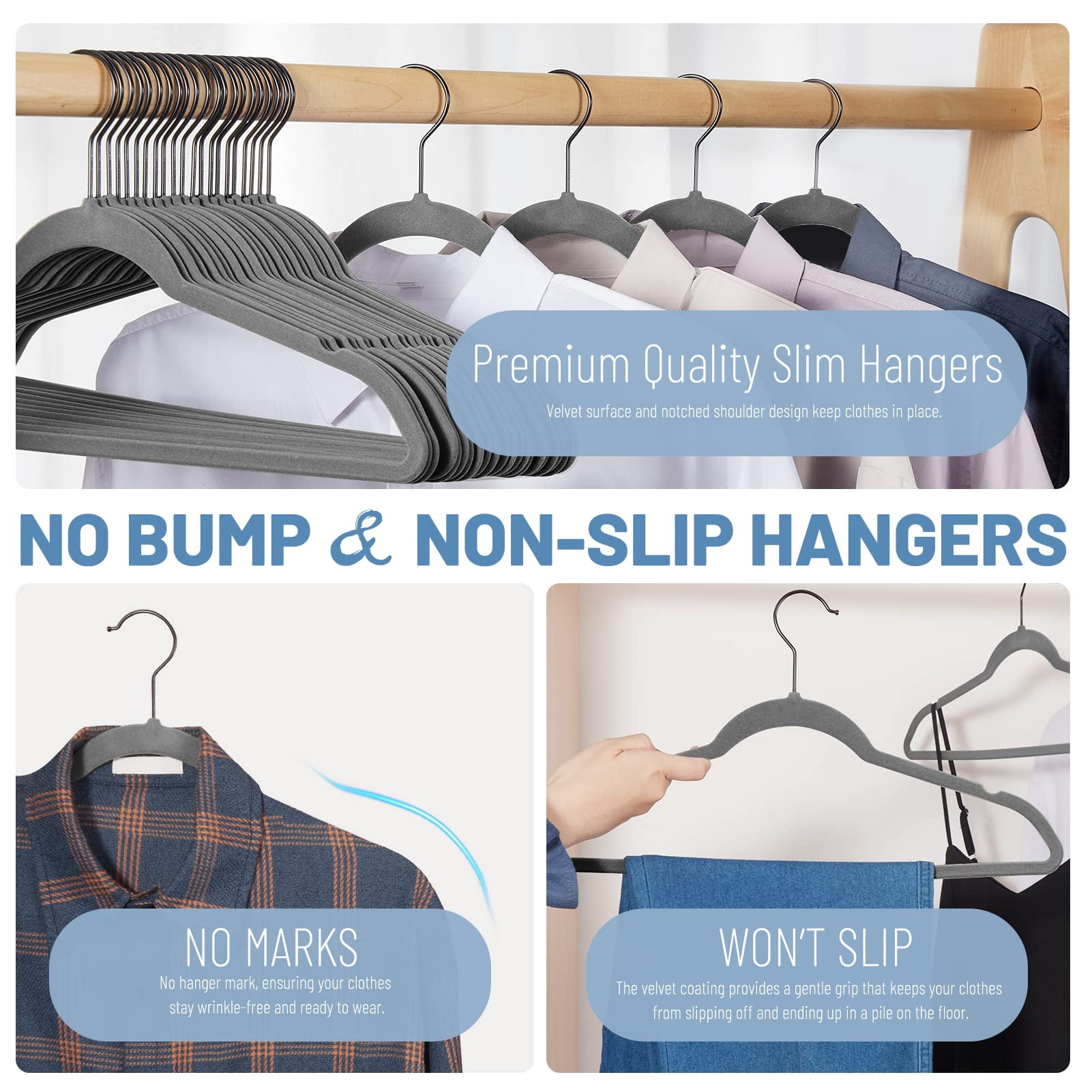 HOUSE DAY Gray Velvet Hangers 60 Pack, Velvet Clothes Hangers Non Slip Felt Hangers, Heavy Duty Coat Hangers for Closet, Ultra Slim Hangers Black Hangers Space Saving Hangers for Suits, Shirt