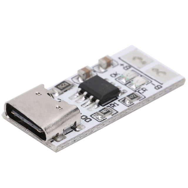 módulo de cargador de batería de polímero de litio de iones de litio, módulo de cargador de 2 piezas módulo de cargador de batería tipo c componentes de control industrial diseñado para profesionales placa rectangular con conector USB Tipo-C a la izquierda, chip SOP8 negro y componentes SMD en el centro, LED "CR" y LED "OK" en el extremo derecho, serigrafía y pads de soldadura visibles; adecuado para prototipos y banco de pruebas por su tamaño compacto.