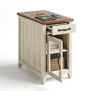 LINSY HOME End Tables for Living Room with Charging Station, Nightstand for Bedroom with Drawer and Detachable Holder,Washed Grey & Brown