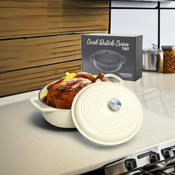 Enameled Cast Iron Oval Dutch Oven, 7 Quarts White