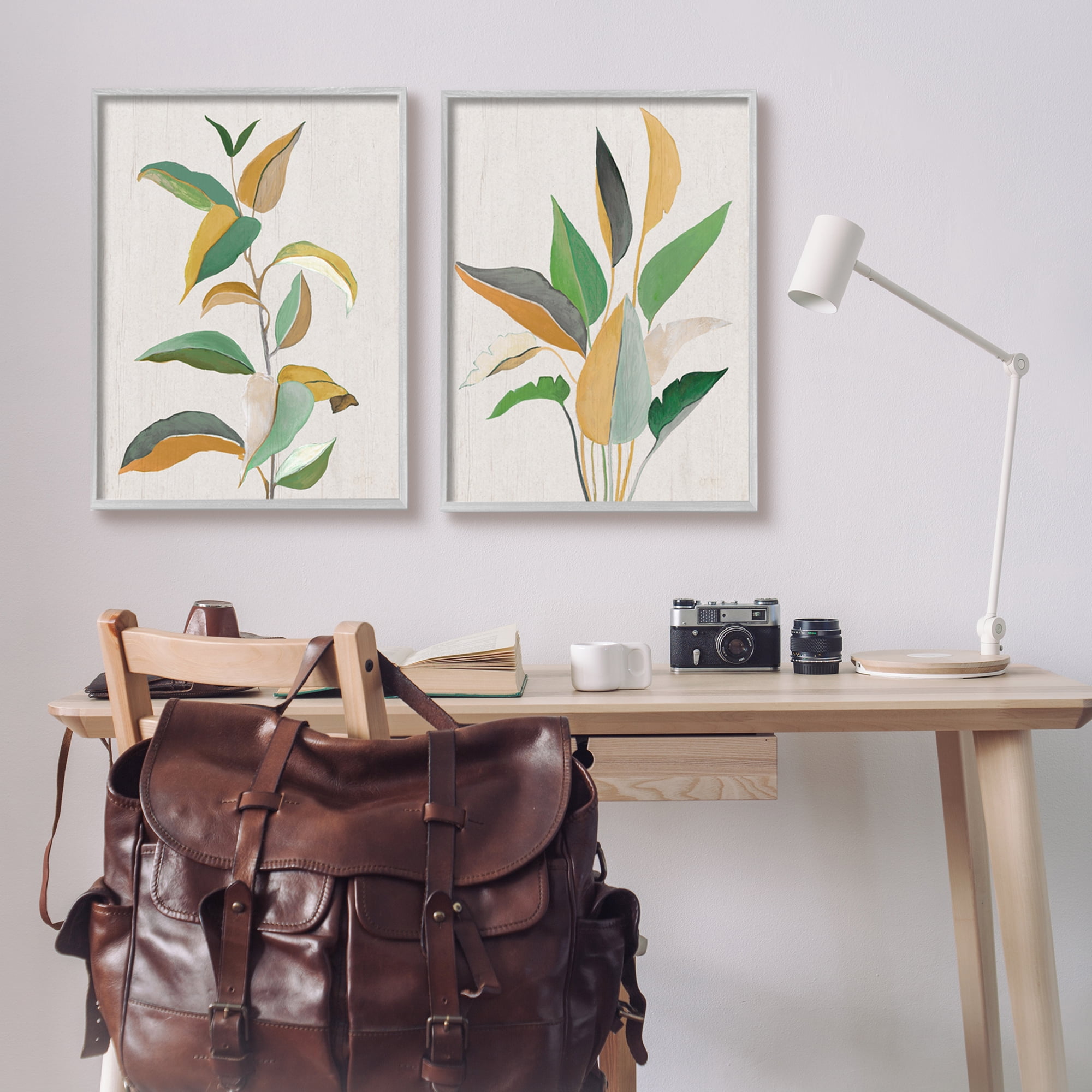 Stupell Industries Modern Split Plant Leaves Botanical & Floral Painting Gray Framed Art Print Wall Art, 24 x 30, Set of 2