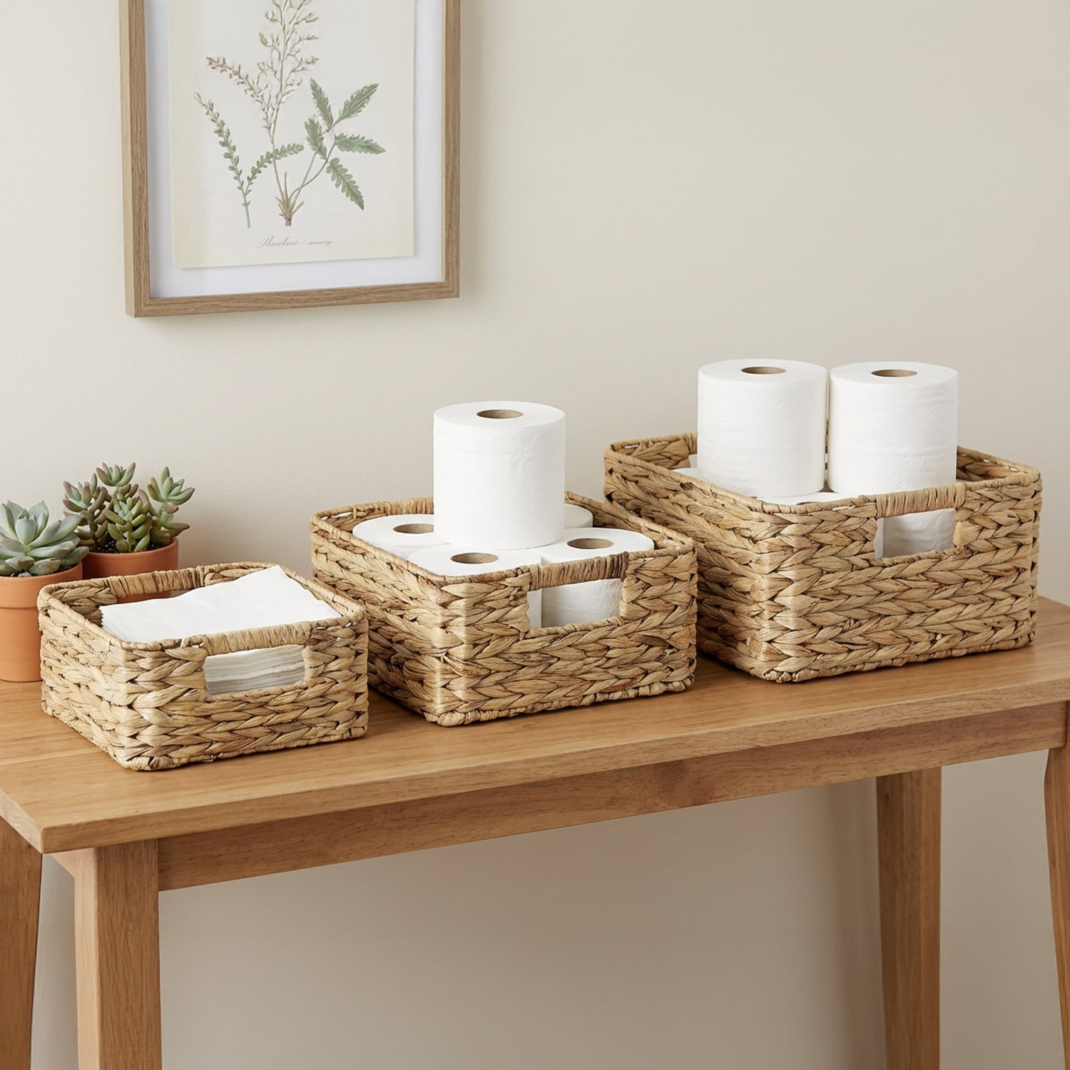 Garnen Set of 3 Wicker Basket Storage, Woven Basket with Handle, Decorative Wicker Baskets Rectangular for Desk Organizer Bathroom Tray, 11" 13" 14"