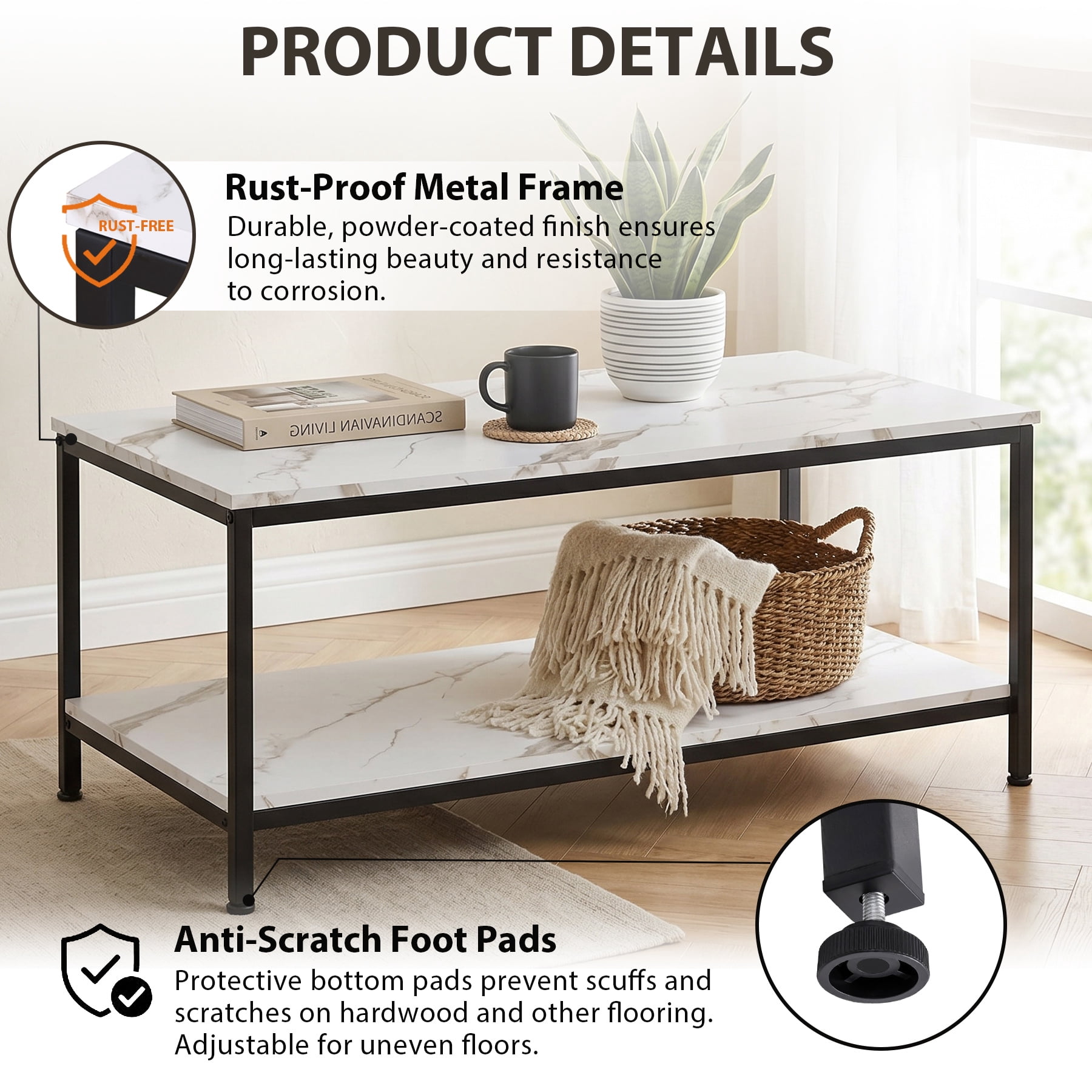 HomGarden 39.4" Modern Rectangle 2-Tier Coffee Table Wood Cocktail Table Home Office, Marble White