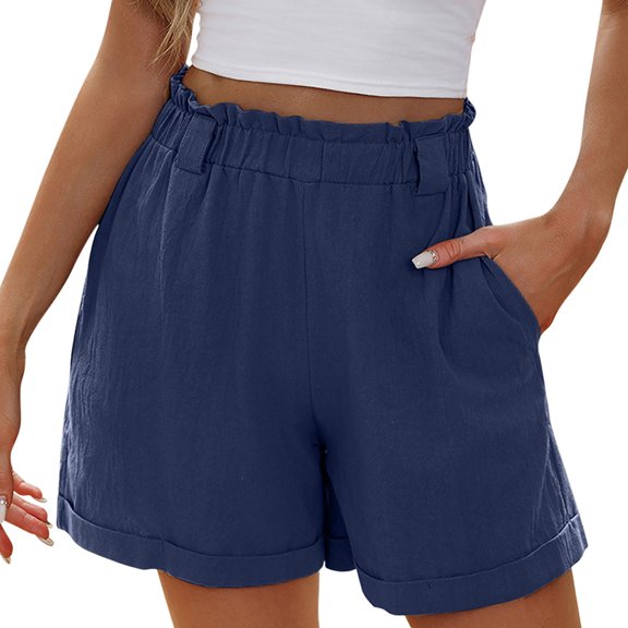 Staron Summer Pants for Women Linen Casual Wide Leg Shorts Elastic Waist Loose Comfy Solid Color Straight Leg Pants, Navy M
