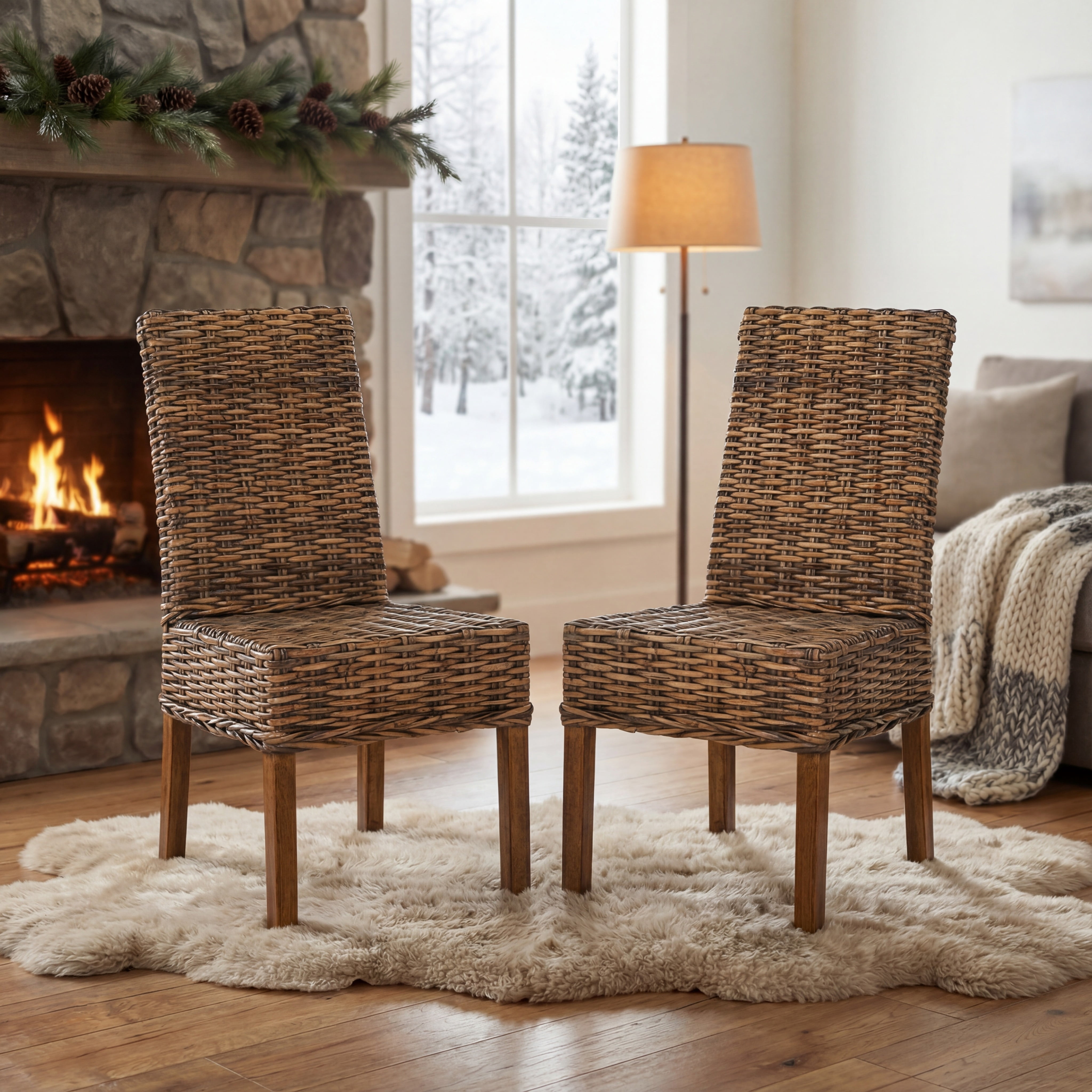 SAFAVIEH Sanibel Nautical Rattan Solid Dining Parsons Chair, Brown (Set of 2)