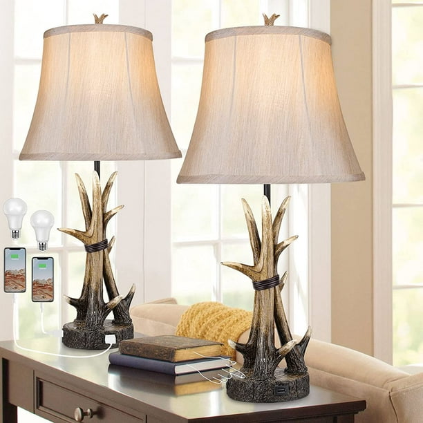 Rustic Table Lamps for Living Room Bedroom Set of 2 Farmhouse Antler Western Bedside Lamp with 2