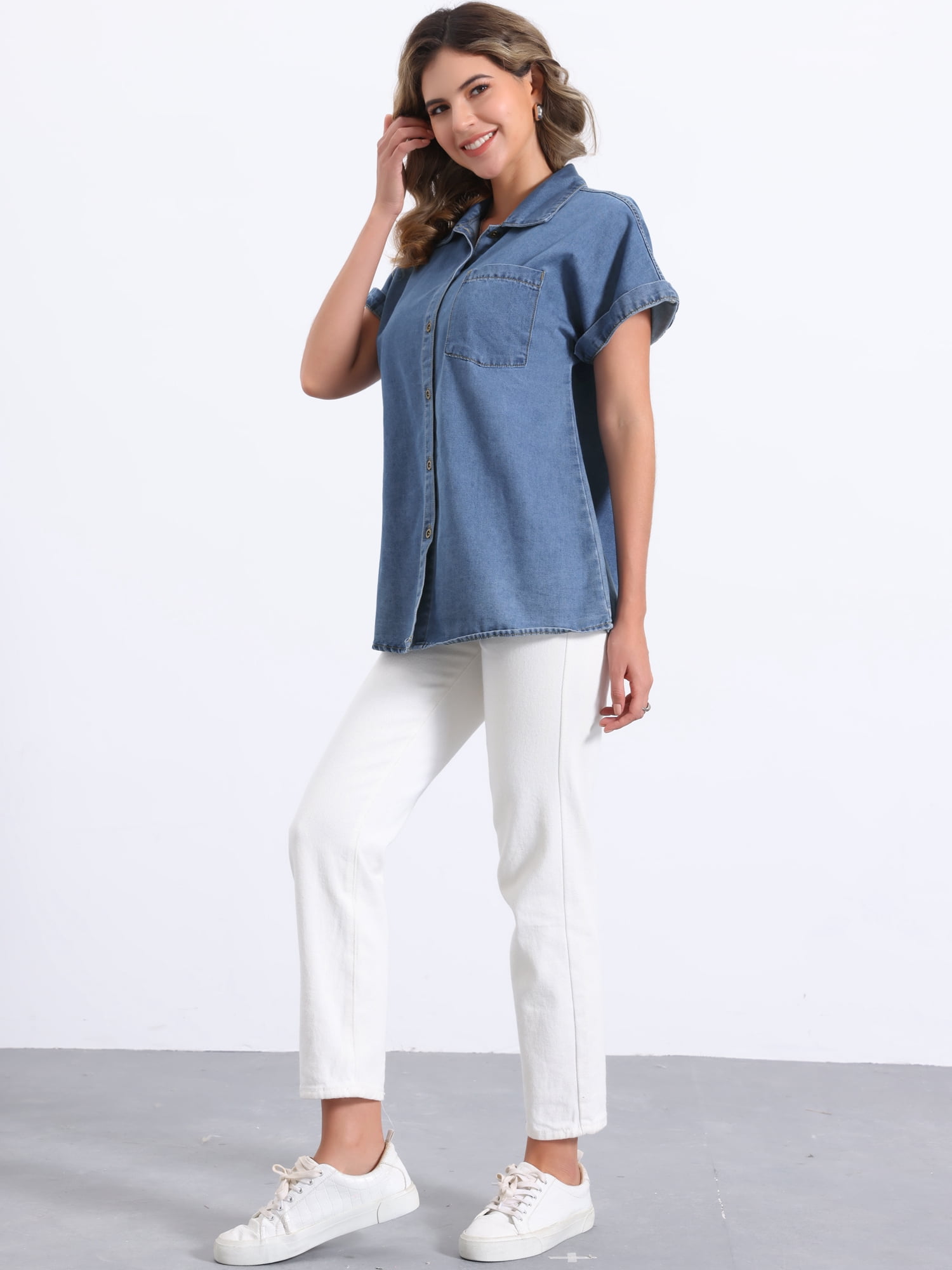 DARING DIVA Women's Denim Shirt Short Sleeve Jean Shirt Summer Tops XS Blue