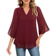 thumbnail image 2 of Yigetop Flowy Tops for Women! Womens Tops Casual Ruffle 3/4 Sleeve V Neck Double Chiffon Blouses Tops 3/4 Sleeve Tops for Women Red M, 2 of 4