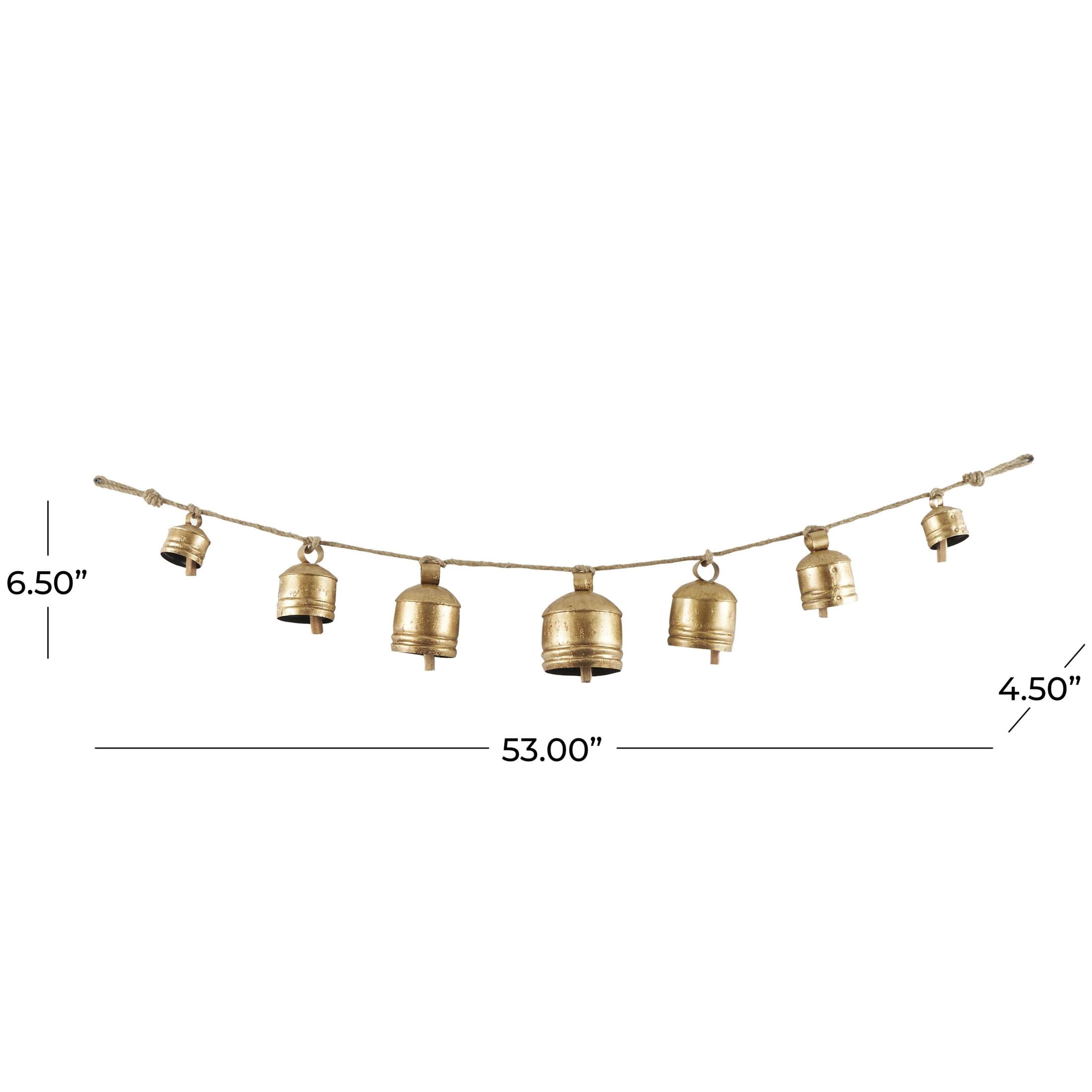 DecMode Tibetan Inspired Gold Metal Cylindrical Decorative Cow Bells with 7 Bells on Jute Hanging Rope