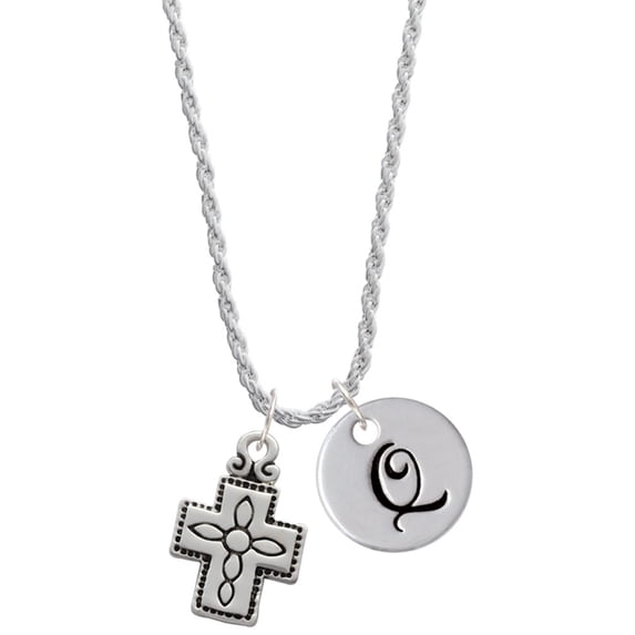 Delight Jewelry Silvertone Large Southwestern Antiqued Cross Silvertone Script Initial Disc - Q - Charm Necklace, 20"+3"
