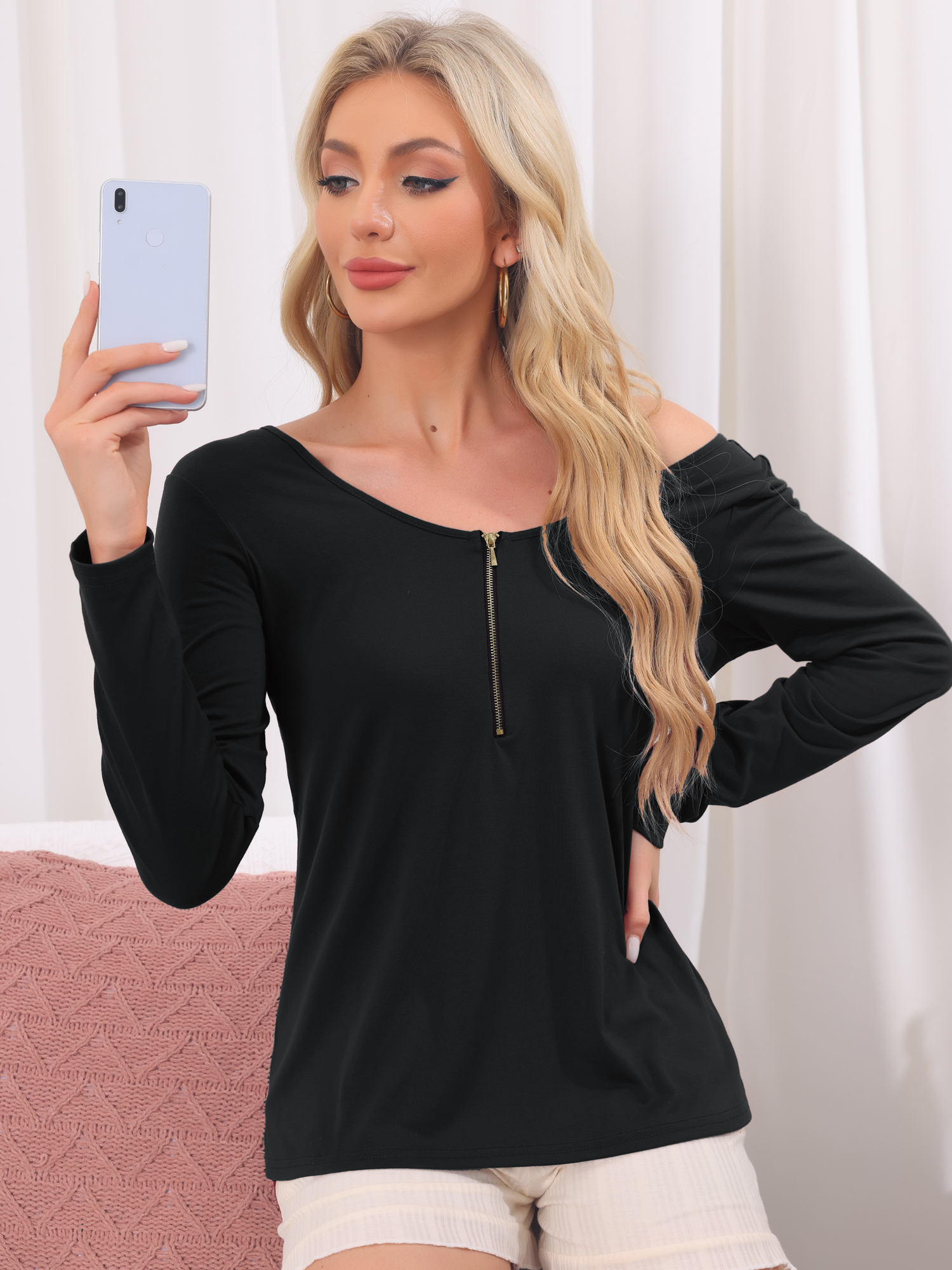 DARING DIVA Long Sleeves Pullover Solid Round Neck Pajama Tops S Black