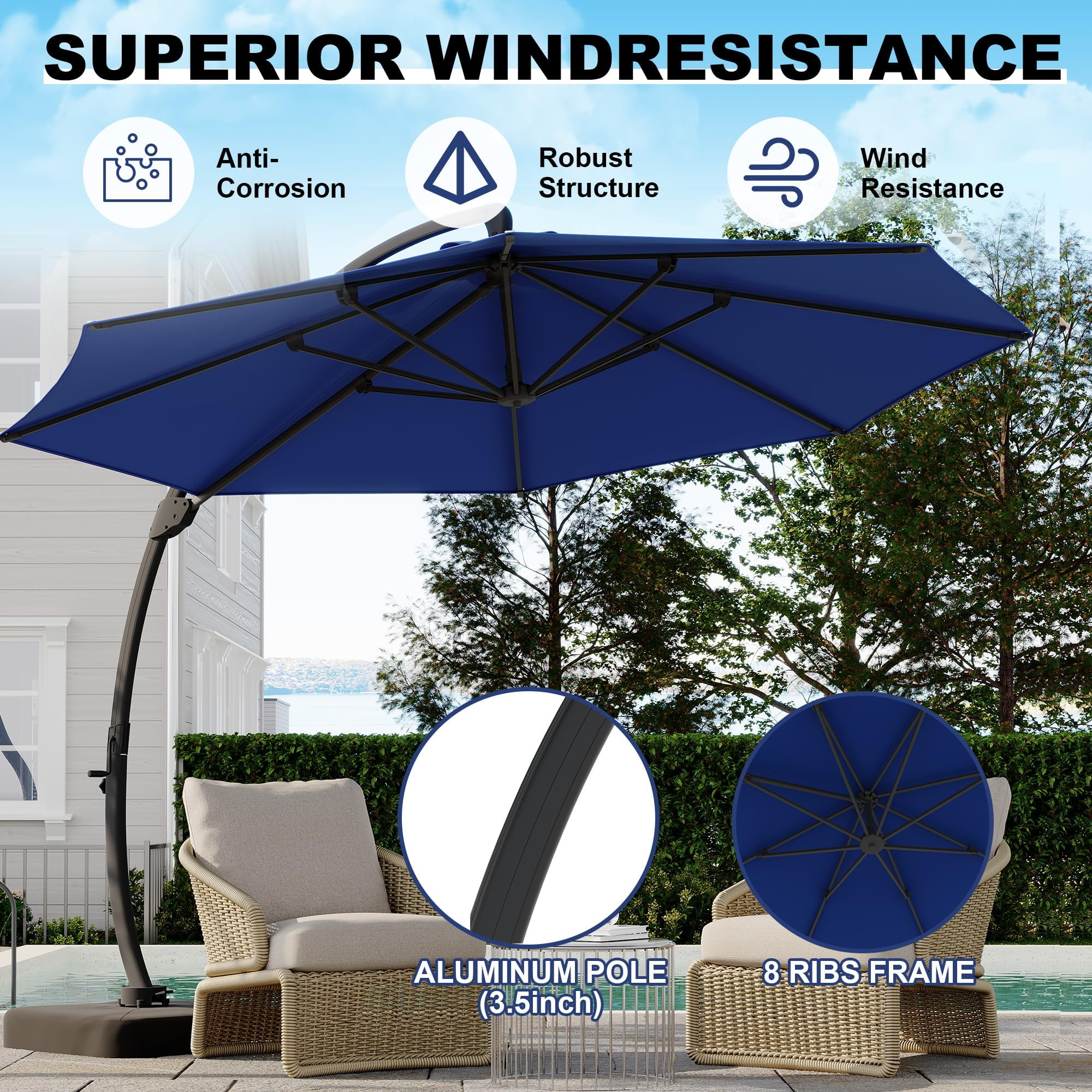 11FT Cantilever Patio Umbrella With Base Included, Round Large Aluminum Outdoor Cantilever, Heavy Duty Offset Umbrella with 360°Rotation for Pool, Deck, Backyard, Garden