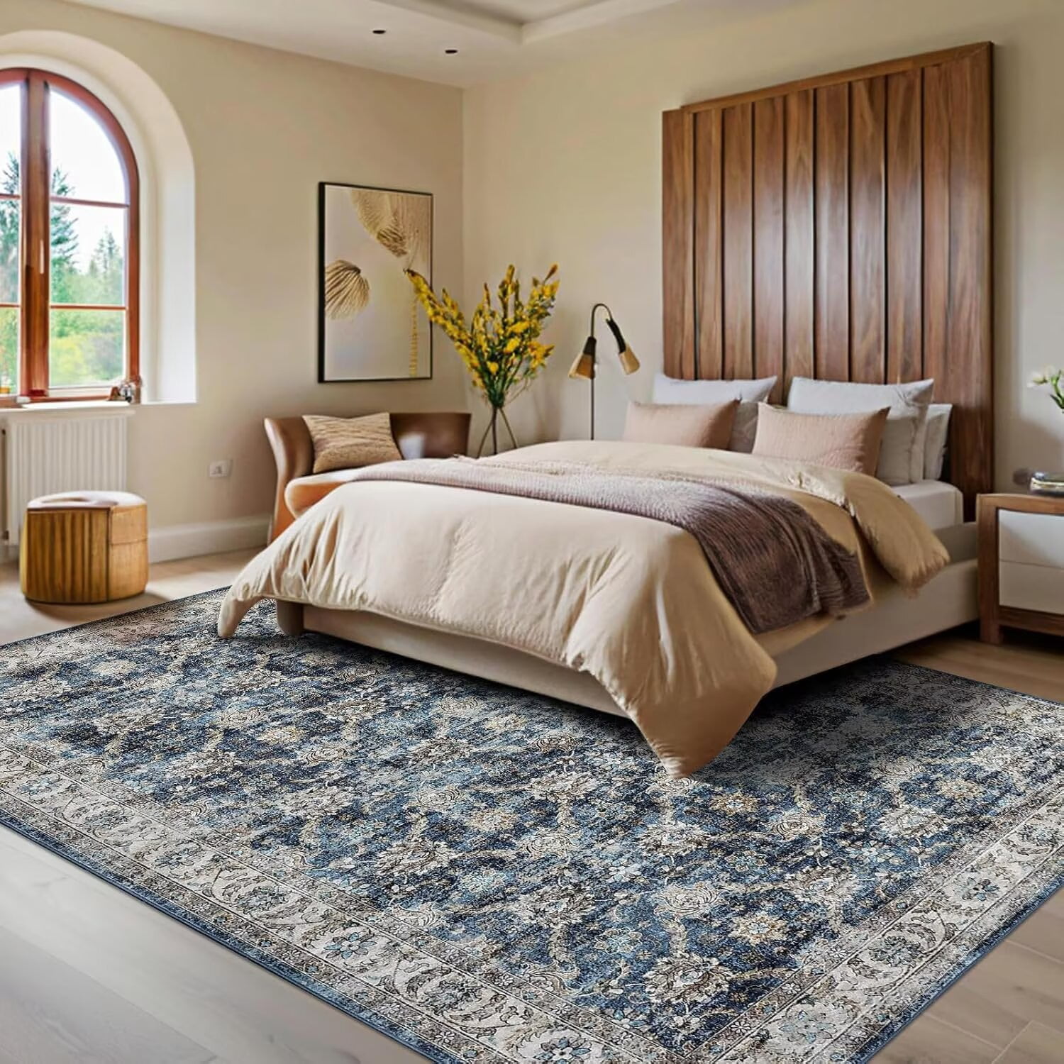 Hasoo 5' x 7' Area Rug for Living Room Boho Vintage Rug Non Slip Throw Rugs Floral Bedroom Rug, Blue