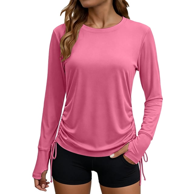 Craaazy Women's Relaxed Fit Crew Neck Blouse, Solid Color Long Sleeve Sun Protection Top, Side Ruched Comfy Casual Tee with Thumb Holes for Summer Gifts