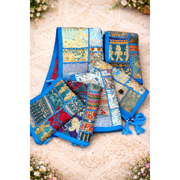 Elegant Handmade Patchwork Table Runner with Vibrant Blue Borders, Vintage Fabric Panels, Bohemian Style Decorative Textile for Dining and Home