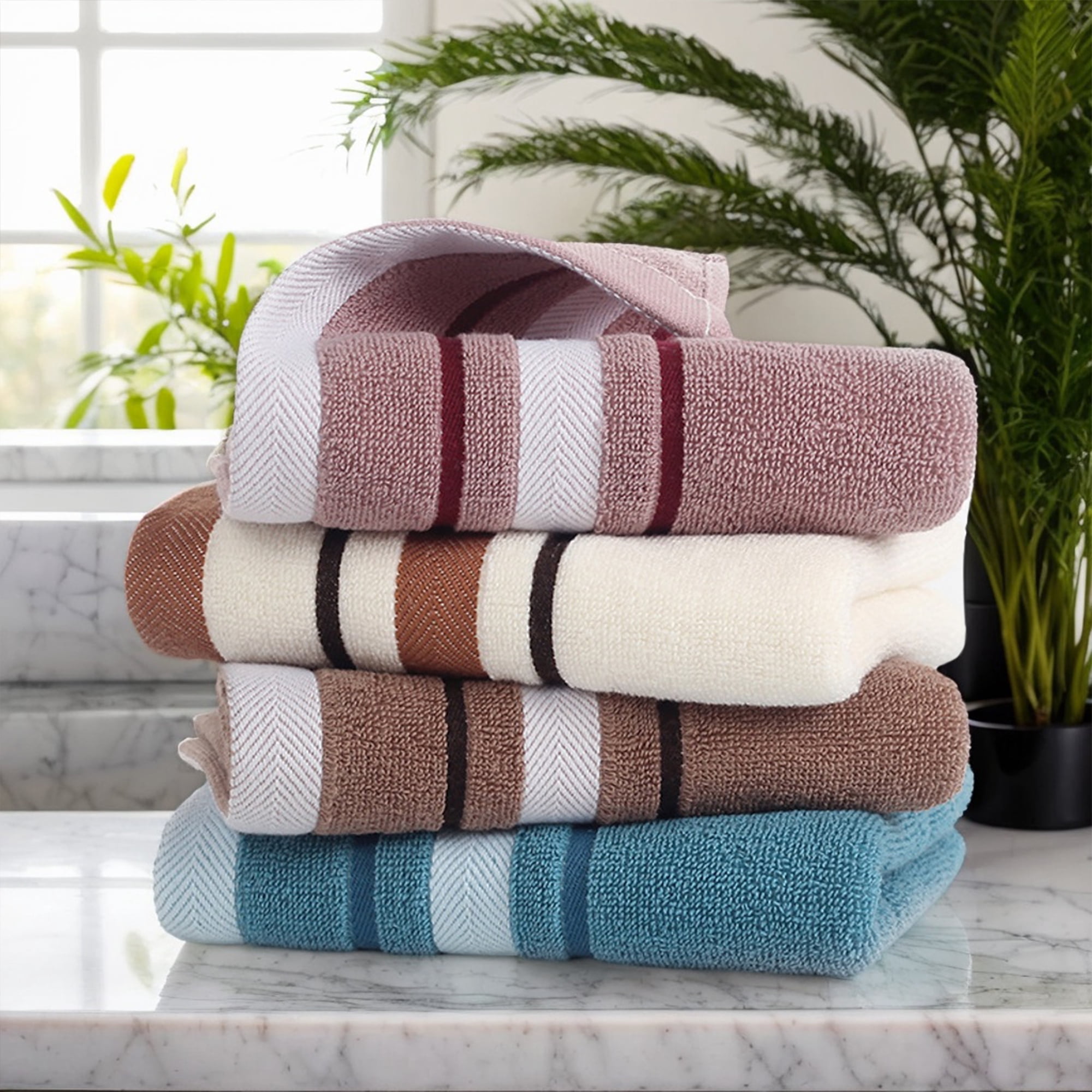 Unique Bargains Striped Set of 2 Absorbent Soft Hand Towels Brown