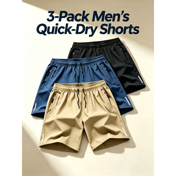 3-pc Men'S Quick-Dry Casual Active Shorts for Home And Leisure - Drawstring, Zippered Pockets - Lightweight Running, Fitness, And Casual Shorts
