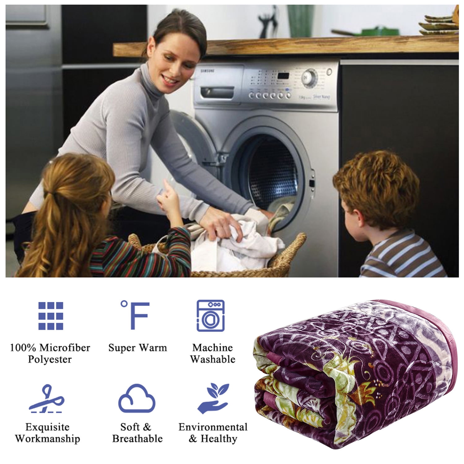 NC Fleece Bed Blanket Queen Purple Floral,2 Ply Thick Warm Plush Blanket,79" x 89",5.3lb