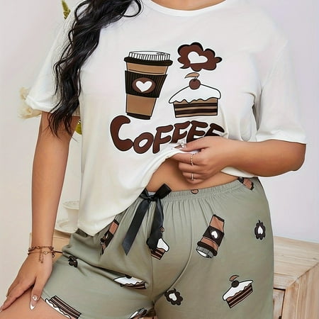

Jkzcp Women‘s Casual Pajamas Set Plus Size Coffee & Cake Print Short Sleeve Top & Shorts Lounge 2 Piece Set